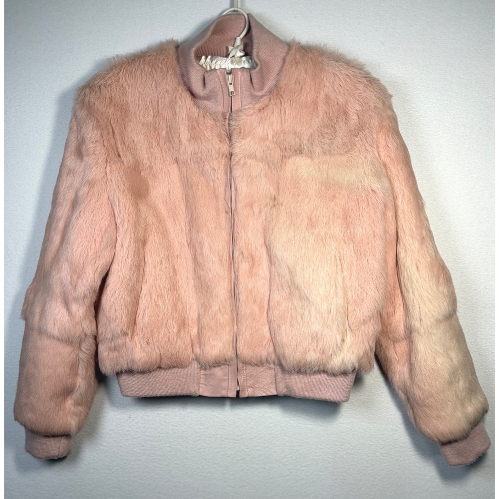 Eizzo Soft by Damselle Rabbit Fur Bomber Jacket Womens L Pink Good Vintage Zip
